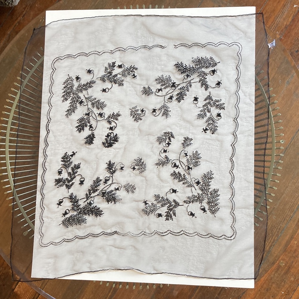 Vintage sheer black chiffon floral flocked square scarf